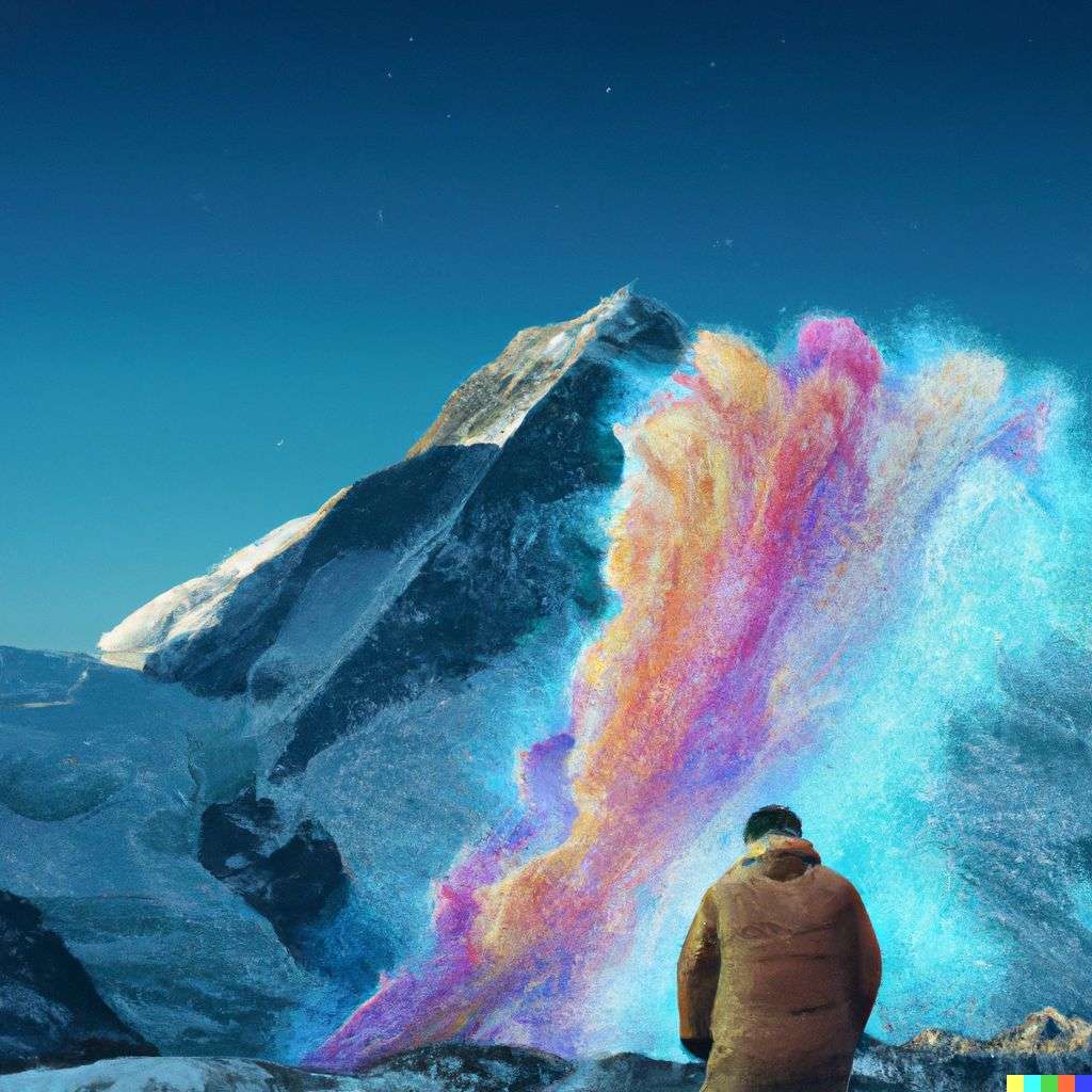 someone gazing at Mount Everest, made from a burst of colored powder, digital art